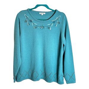 Serengeti Blue Teal Pullover Sweater Size XL Embroidered Floral Cut Out Details